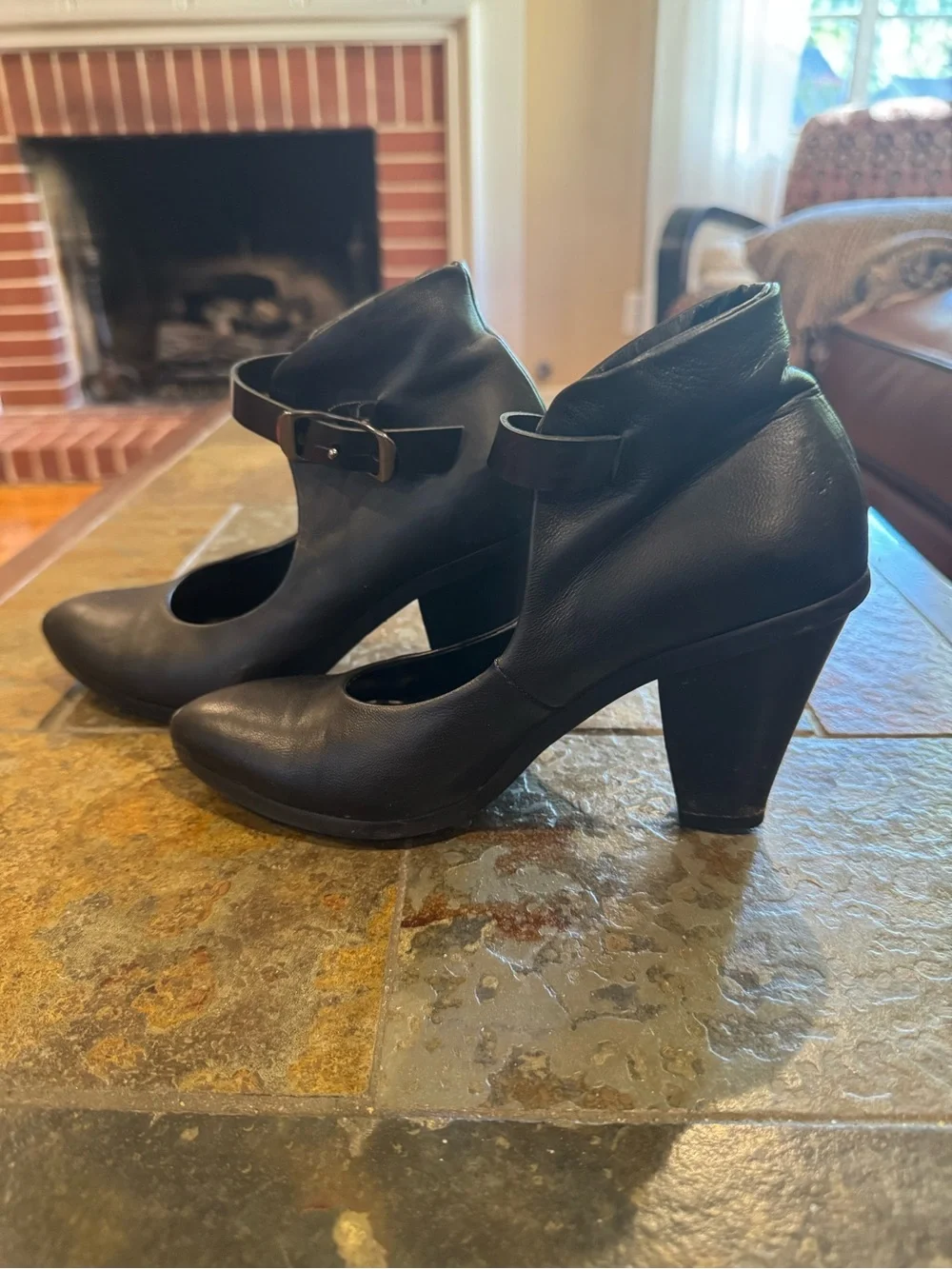 Italian Leather Black Pointed Toe Ankle-Strap Pumps